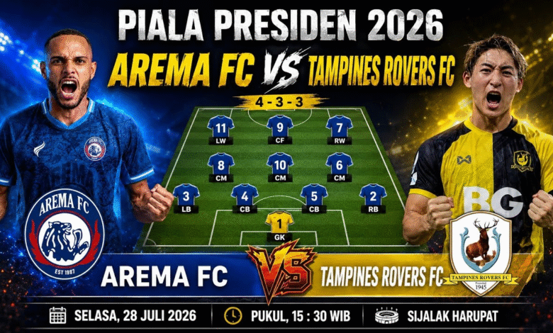 Tampines Rovers bertemu Arema FC pada matchday kedua Grup A Piala Presiden 2026 di Stadion Si Jalak Harupat, Selasa 28 Juli 2026. Laga Tampines vs Arema FC akan dimainkan mulai pukul 15.30 WIB, live di Indosiar dan Vidio.